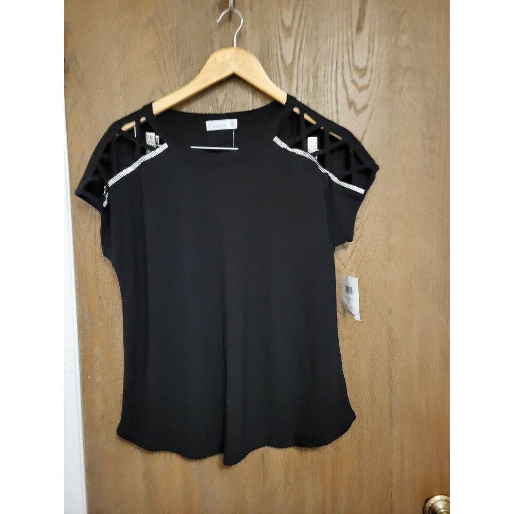 89th & Madison Womens Embellished Rhinestone Black Shirt Size Medium